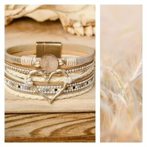 Beige Bohemian Heart Rhinestone Magnetic Buckle Bracelet.  NEW!